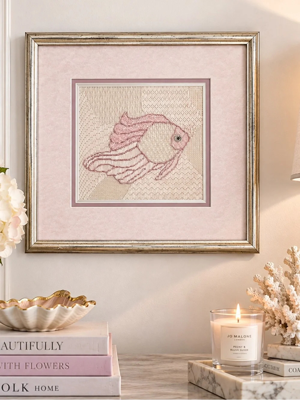 Vintage Pink Fish Needlepoint Embroidery Framed Textile Fiber Art Coastal 12”